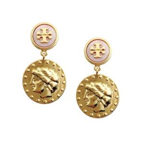 Tory Burch Coin Drop Earrings in pink/gold.